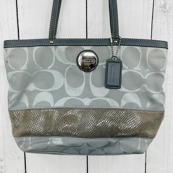 Coach gray signature stripe canvas leather tote shoulder bag purse F1126-F18365 - Picture 4 of 14